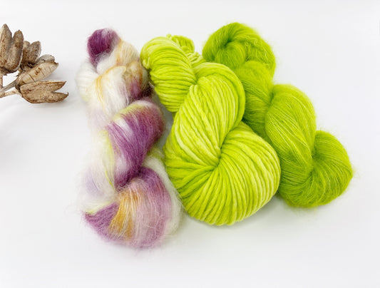 Hand Dyed SW extra fine Merino . DHG Piuma color "Chartreuse" .  Fluffy "Chartreuse" and "Bloom"