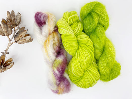 Hand Dyed SW extra fine Merino . DHG Piuma color "Chartreuse" .  Fluffy "Chartreuse" and "Bloom"