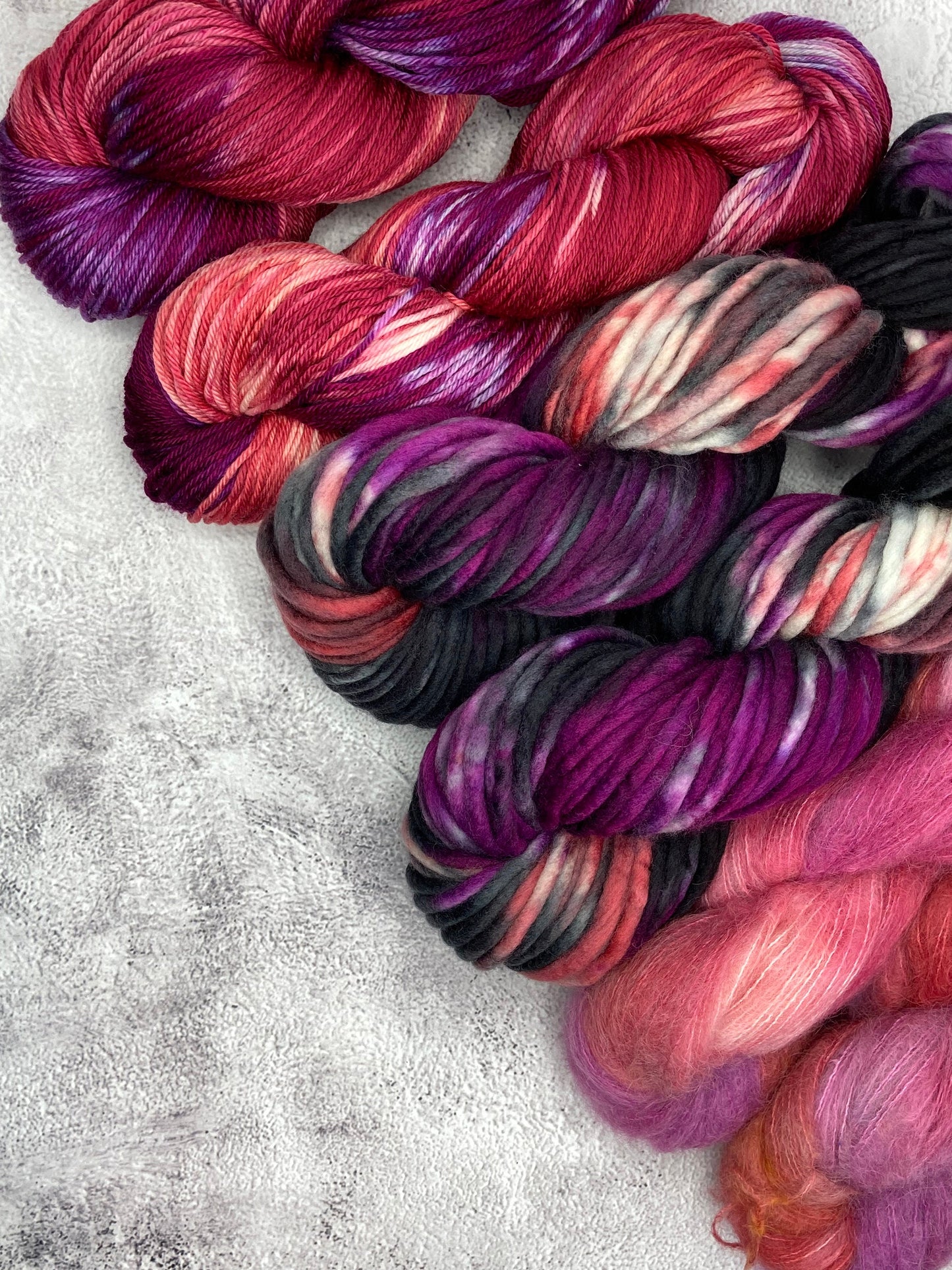 Wild Lilac Moon's Starlight DK in Colorway "Blush", Moonray SB in "Dark Blush" and Selene in color "Blush"