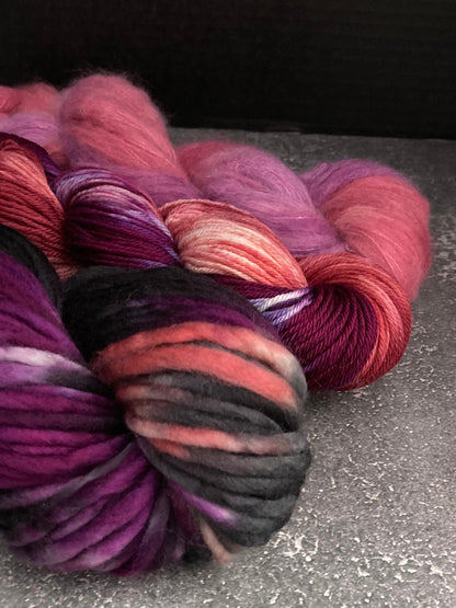 Wild Lilac Moon's Starlight DK in Colorway "Blush", Moonray SB in "Dark Blush" and Selene in color "Blush"