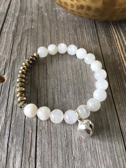 Moonstone Natural Stone bracelet with pyrite beads and a silver bell