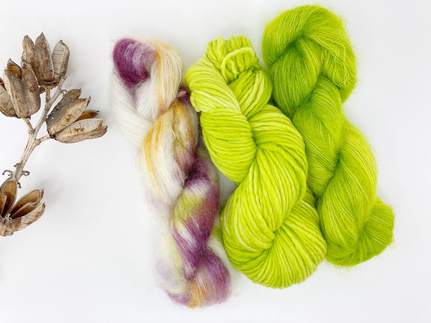 Hand Dyed SW extra fine Merino . DHG Piuma color "Chartreuse" .  Fluffy "Chartreuse" and "Bloom"