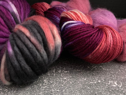 Wild Lilac Moon's Starlight DK in Colorway "Blush", Moonray SB in "Dark Blush" and Selene in color "Blush"